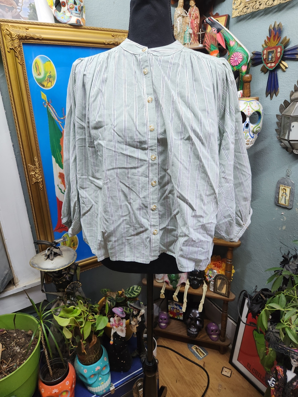 Pilcro Pale Green Striped Button-Down Blouse